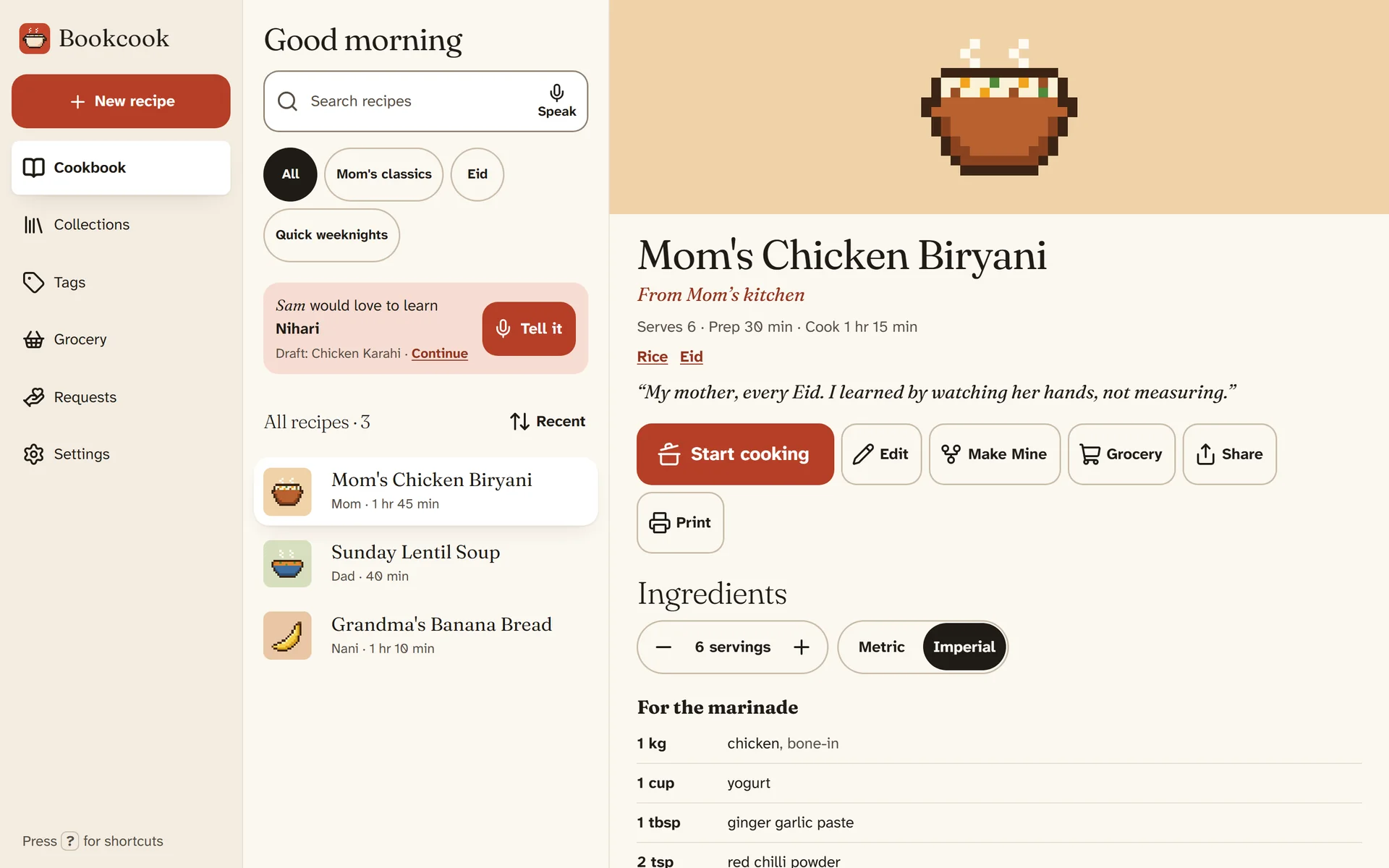 Bookcook on a computer: the cookbook with Mom’s Chicken Biryani open.
