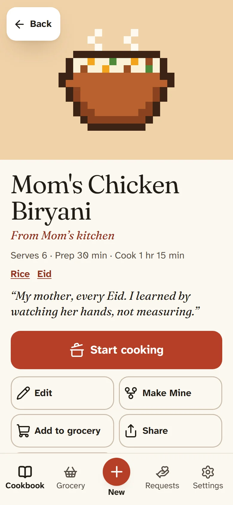 Bookcook on a phone: the recipe page for Mom’s Chicken Biryani.