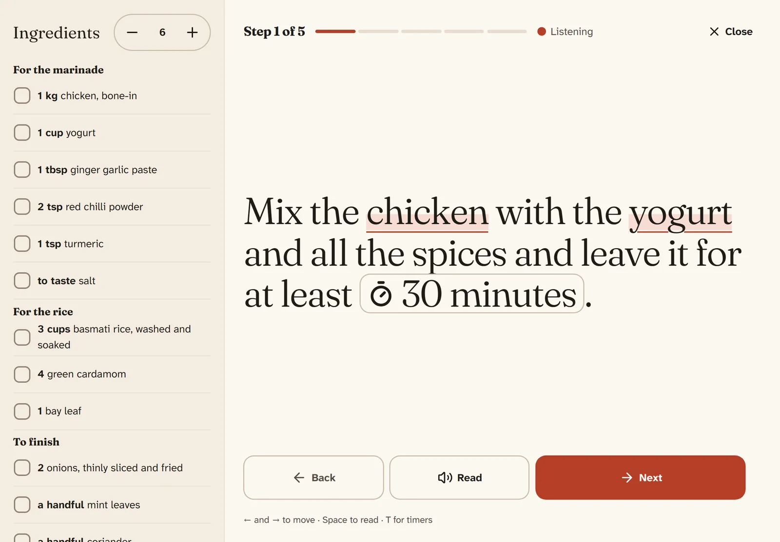 Bookcook on a tablet: cook mode with the ingredients beside the step.